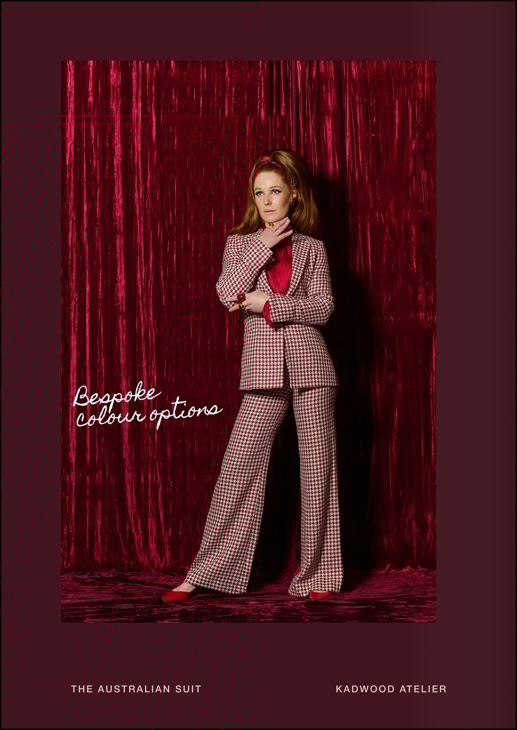 Model wearing The Australian Suit in burgundy beige houndstooth silk-linen-cotton blend by Carnet Como Italy, bespoke made to measure by Kadwood Atelier—Sydney’s only and one of Australia’s only women’s made-to-measure tailors—helmed by Creative Director Erin Kadwood and CEO Jins Kadwood, showcased at The House of Dreams and crafted sustainably in London and Prague
