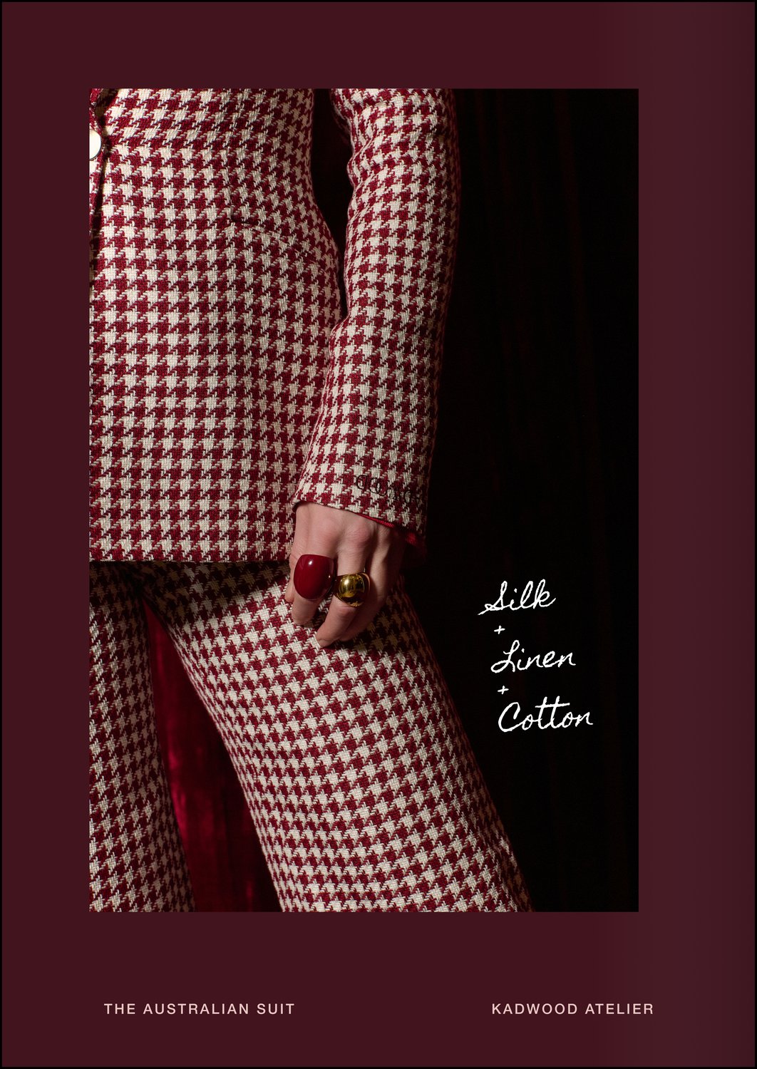 Kadwood Atelier - Detail of pocket drape and natural fibre texture on The Australian Suit in burgundy beige houndstooth silk-linen-cotton blend, exemplifying Kadwood Atelier’s mission to elevate and connect women through luxury bespoke suiting.