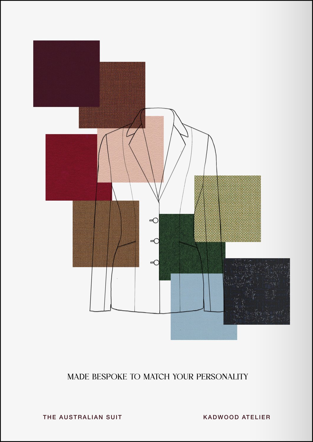 Collage of bespoke fabric swatches in merino wool, silk, cashmere, mohair and cotton for The Australian Suit by Kadwood Atelier exclusively for women, curated by Erin Kadwood and CEO Jins Kadwood, Australian designed and produced in London and Prague using sustainable ethical practices as part of The House of Dreams status symbol for executive women to elevate and connect women.