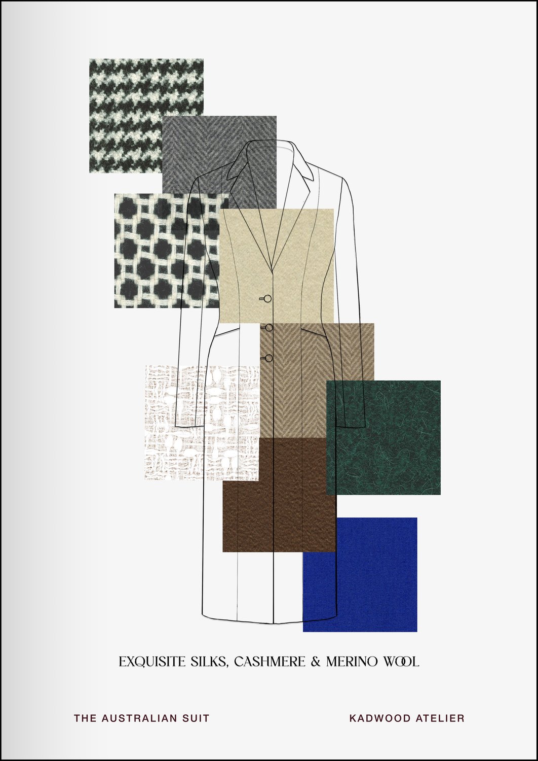 Collage of exquisite natural fibre swatches in silk cashmere and Merino wool showcasing the premium material options for The Australian Suit by Kadwood Atelier – Sydney’s only tailor exclusively for women, bespoke made to measure under Erin Kadwood’s creative direction and crafted sustainably in London and Prague.