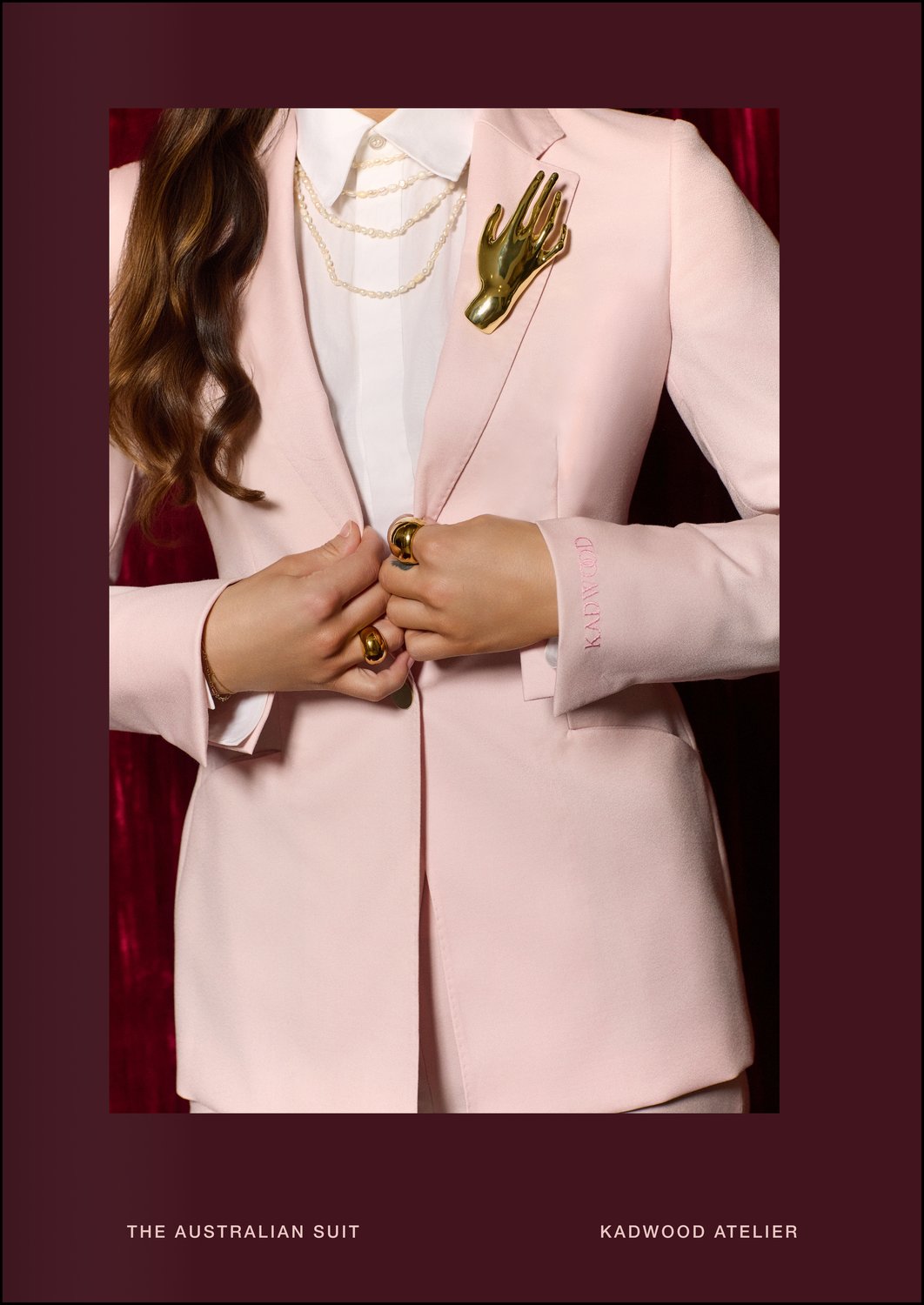 The Australian Suit Sydney - Close up of pastel pink faille weave jacket detail from The Australian Suit by Erin Kadwood at Kadwood Atelier, Sydney’s only tailor exclusively for women, bespoke made to measure in 100 percent Merino wool in London and Prague as a status symbol for executive women.