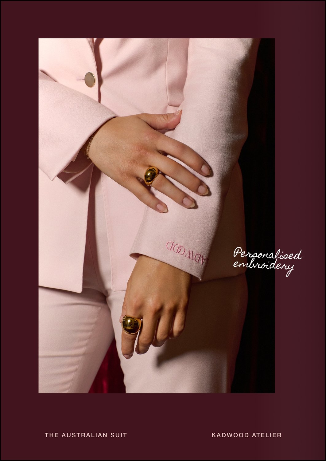 Close up of embroidered KADWOOD cuff on a pastel pink faille weave Australian Suit by Kadwood Atelier, Sydney’s only tailor exclusively for women, bespoke made to measure in pure Merino wool to elevate personal identity
