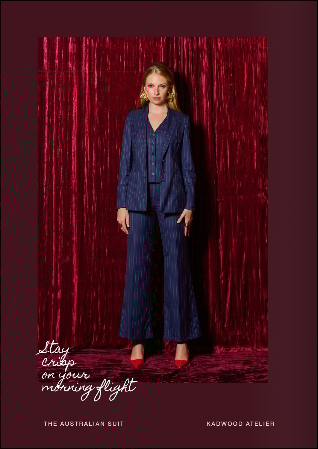 Twilight Blue/Red Guarded Stripe fabric by Holland & Sherry in 100% Australian Merino wool reserved for The Australian Suit at Kadwood Atelier – Sydney’s only tailor exclusively for women and a global leader in bespoke suit design and ethical production in London and Prague.